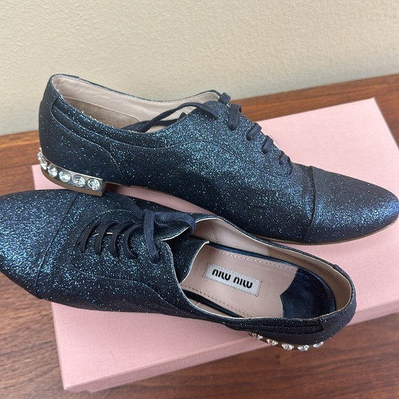 miu miu sparkly denim oxford shoes with rhinestones heals - Picture 3 of 6